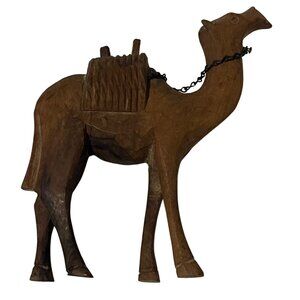 Camel Figurine Hand Carved From Olive Wood With Saddle & Chain Details 1960's